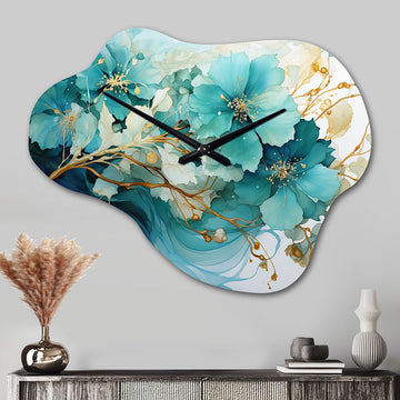 Teal Gold Abstract Fractal Mystic Mirage I - Asymmetric Metal Wall Clock
